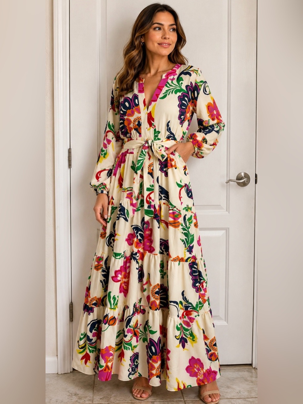 Premier Amour Floral Tiered Maxi Dress Tie Waist Long Sleeve Size 12